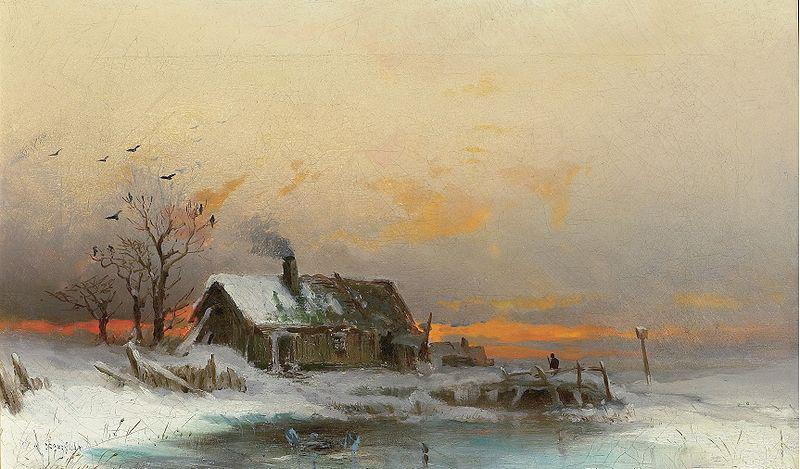 unknow artist Winter picture with cabin at a river oil painting image